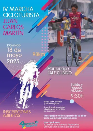 Cartel de la IV Marcha Cicloturista Juan Carlos Martín, domingo 18 de mayo de 2025, 98 km, homenaje a Lale Cubino